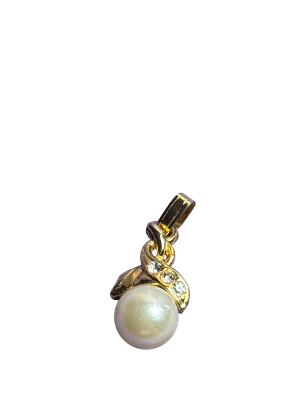 Vintage Goldtone Faux Pearl Goldtone Clear Rhinestone Pendant 0.75 inch